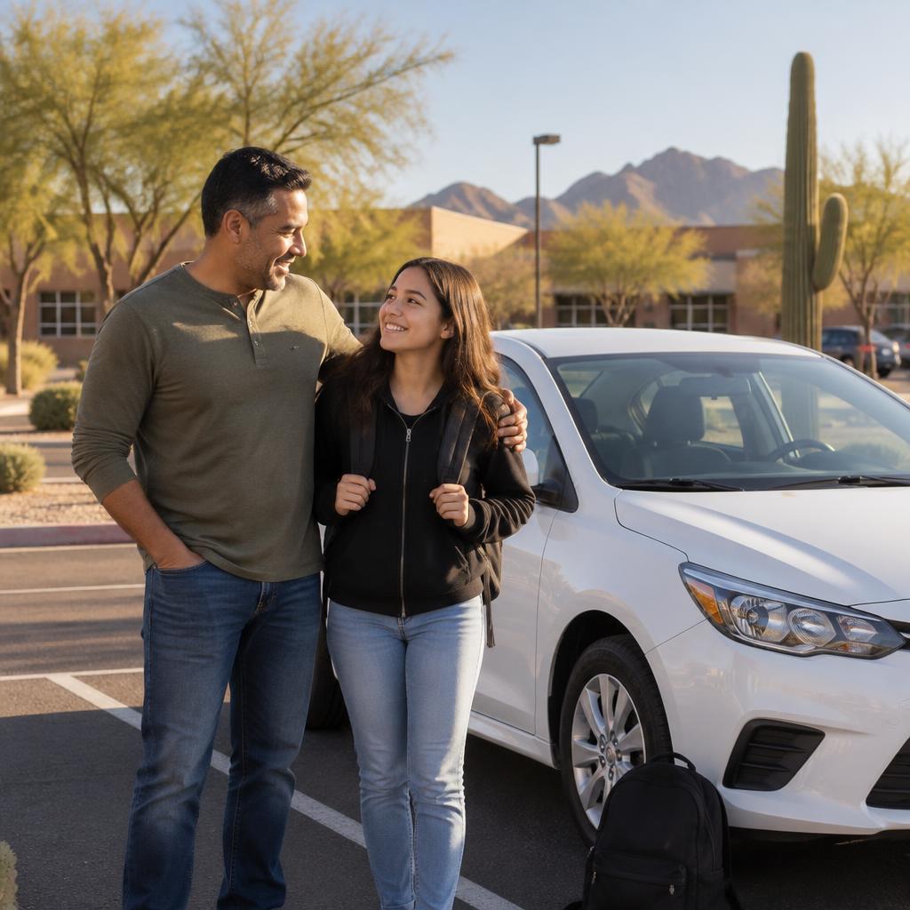 Parent and teen beside a compact sedan