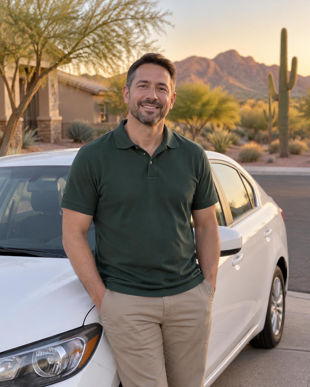 Marcus, a Phoenix driving instructor, beside the lesson car