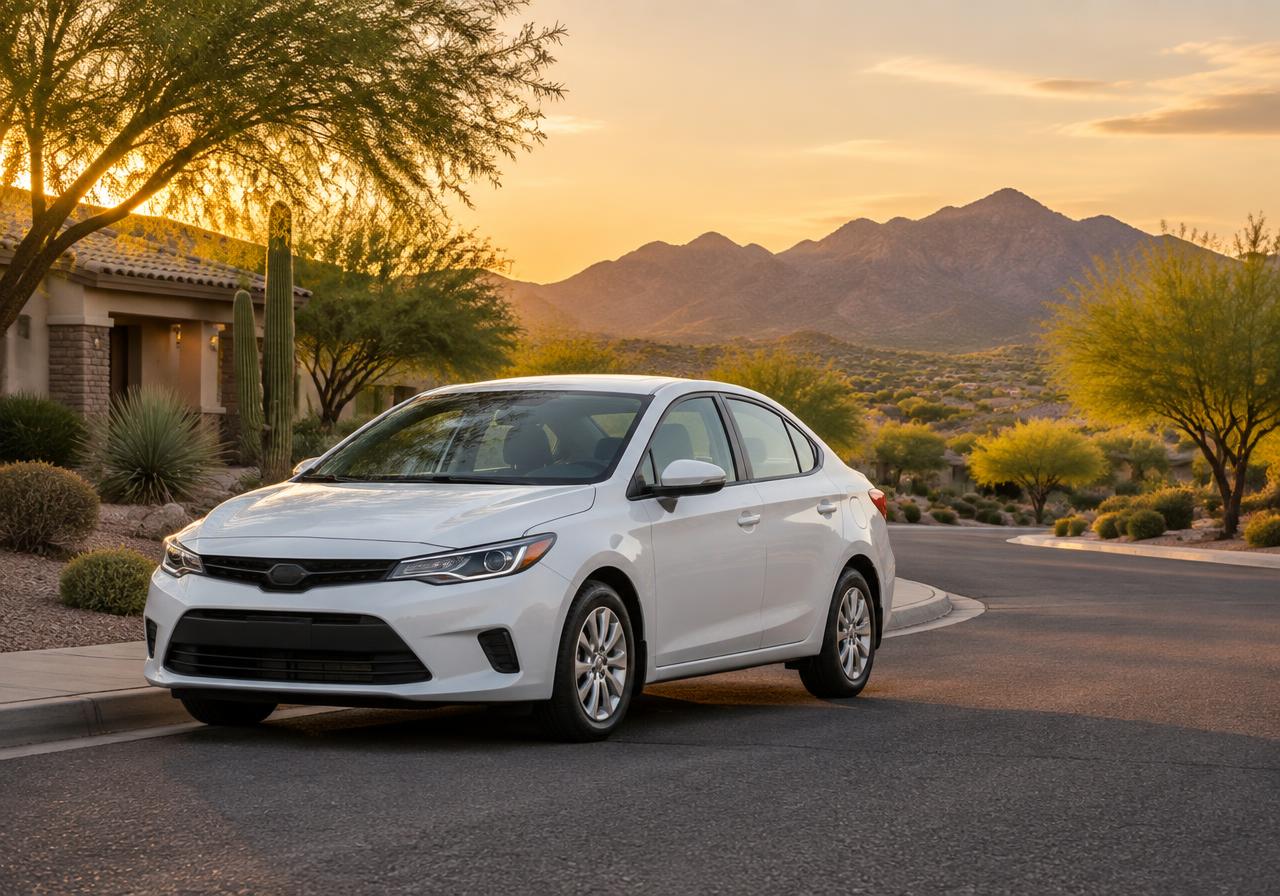 White compact sedan parked on a quiet Phoenix street